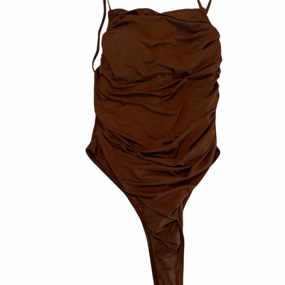 Brown Ruched Strapless One-Piece Swimsuit - Picture 4 of 6